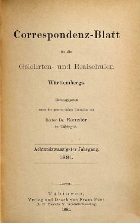 Korrespondenz-Blatt für die Gelehrten- und Realschulen Württembergs. 28. 1881