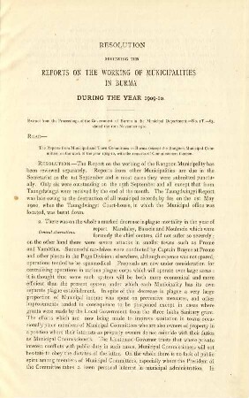 Resolution reviewing the reports on the working municipalities in Burma during the year 1909-10