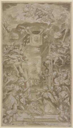 Geburt Christi, umgeben von einem Kranz von Engeln, die die Symbole der Passion tragen, im Bogenscheitel halten zwei Engel das Schweißtuch der Veronika
