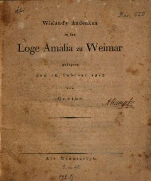 Wieland's Andenken in der Loge Amalia zu Weimar gefeyert den 18. Februar 1813