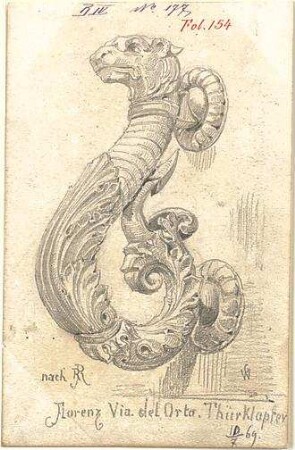 Walther, Conradin; u. a. Deutschland; Italien; Sammlung Conradin Walther: Band IV, Nr. 143 - 188 (fol. 125 - 168) - Türklopfer in der Via dell'Orto, Florenz (Perspektive)