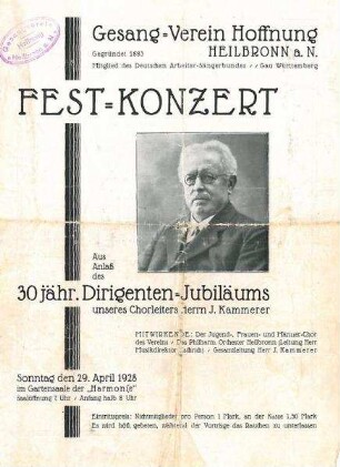 Programmzettel des Fest-Konzerts des Gesangvereins "Hoffnung" aus Anlaß des 30jährigen Dirigenten-Jubiläums von J. Kammerer
