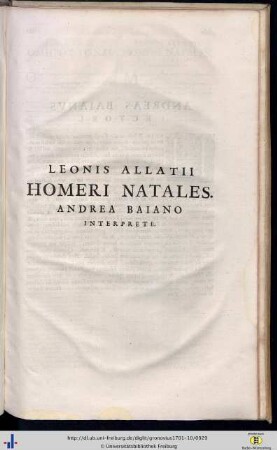 Leonus Allatius: Homeri Natales, Graece, cum Interpretatione Latina Andreae Bajani.