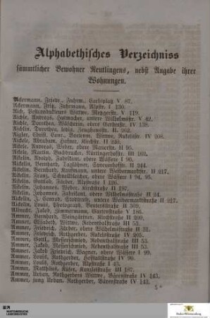 Alphabetisches Verzeichniss sämmtlicher Bewohner Rutlingens, nebst Angabe ihrer Wohnungen