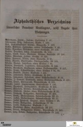 Alphabetisches Verzeichniss sämmtlicher Bewohner Rutlingens, nebst Angabe ihrer Wohnungen