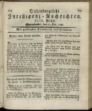 XLIII. Stück. Sonnabends: den 22. Oct. 1791.