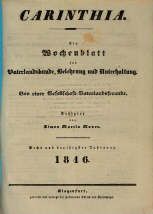 Carinthia : Zeitschrift für Vaterlandskunde, Belehrung u. Unterhaltung. 36. 1846