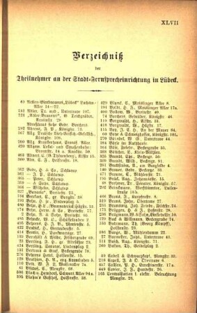 Verzeichniß der Theilnehmer an der Stadt-Fernsprecheinrichtung in Lübeck.