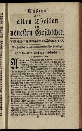 VIII. Stück. Coburg, den 22. Februar. 1758.