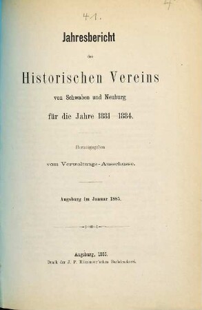 Jahresbericht des Historischen Vereins von Schwaben und Neuburg. 1881/84