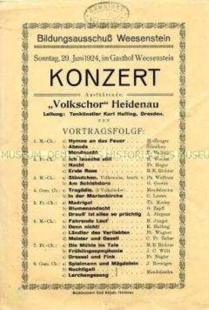 Programm zu einem Konzert des Volkschores Heidenau