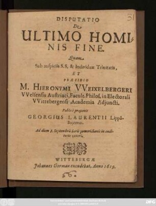 Disputatio De Ultimo Hominis Fine