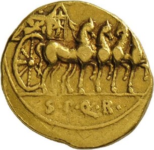 Aureus des Augustus mit Darstellung einer Quadriga