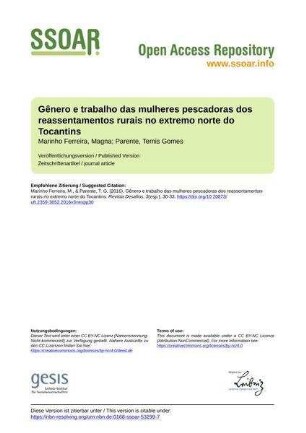 Gênero e trabalho das mulheres pescadoras dos reassentamentos rurais no extremo norte do Tocantins