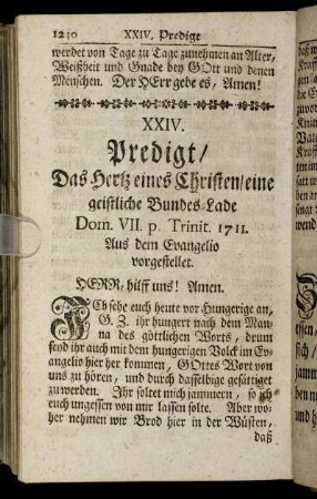 XXIV. Predigt / Das Hertz eines Christen/eine geistliche Bundes-Lade Dom. VII. p. Trinit. 1711. Aus dem Evangelio vorgestellt