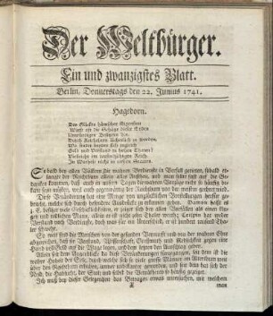 Ein und zwanzigstes Blatt. Berlin, Donnerstags den 22. Junius 1741.
