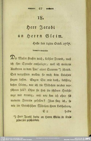 18. Herr Jacobi an Herrn Gleim