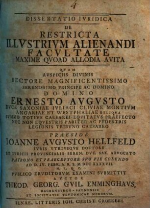 Dissertatio Ivridica De Restricta Illvstrivm Alienandi Facvltate Maxime Qvoad Allodia Avita