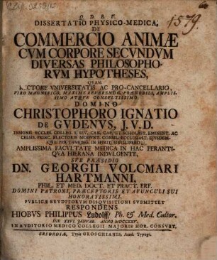 Dissertatio Physico-Medica, De Commercio Animæ Cvm Corpore Secvndvm Diversas Philosophorvm Hypotheses