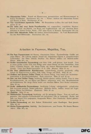 Arbeiten in Fayence, Majolika, Ton (Nr. 590-648)