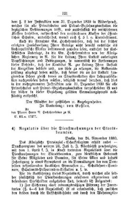 Regulativ über die Dienstwohnungen der Staatsbeamten : [I. Allgemeine Verhältnisse]