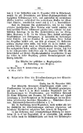 Regulativ über die Dienstwohnungen der Staatsbeamten : [I. Allgemeine Verhältnisse]