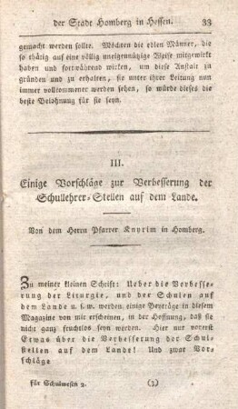 III. Einige Vorschläge zur Verbesserung der Schullehrer-Stellen auf dem Lande.
