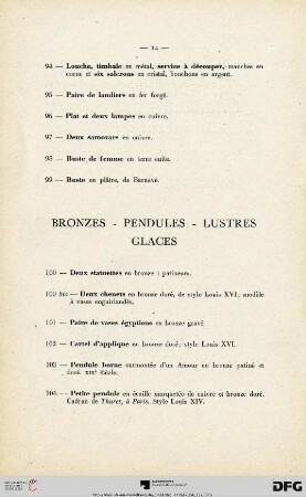 Bronzes - Pendules - Lustres - Glaces (Nr. 100-119)