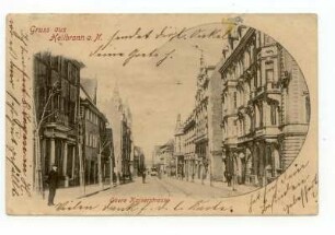 "Gruß aus Heilbronn" - "Obere Kaiserstraße" ab Kaiserstraße 35 und Kaiserstraße 56 (Drogerie - Rotes Kreuz), Blick Richtung Kilianskirche, mit Häusern Kilianstraße 33 (Firma Carl Wolf), Kaiserstraße 29, Kaiserstraße 27 und Kaiserstraße 54