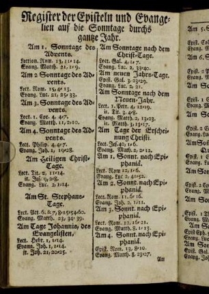 Register der Episteln und Evangelien auf die Sonntage durchs gantze Jahr.