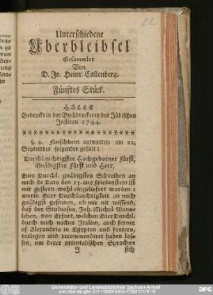Fünftes Stück: Unterschiedene Uberbleibsel