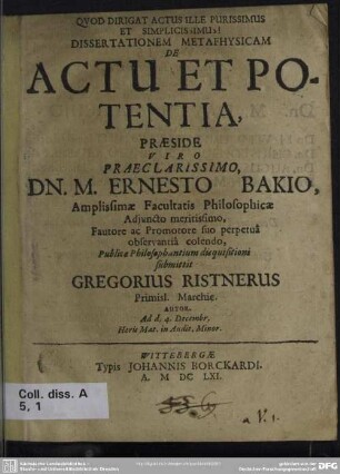 Dissertationem Metaphysicam De Actu Et Potentia