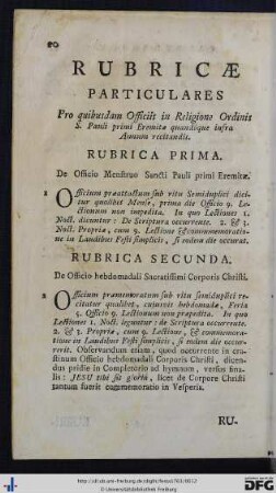 Rubricae Particulares Pro quibisdam Officiis in Religione Ordinis S. Pauli primi Eremitae quandóque infra Annum recitandis.