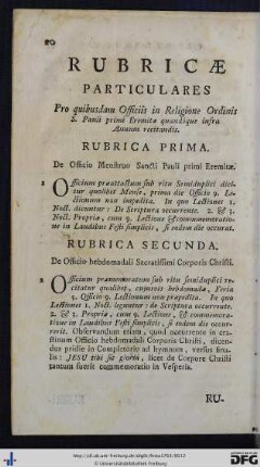 Rubricae Particulares Pro quibisdam Officiis in Religione Ordinis S. Pauli primi Eremitae quandóque infra Annum recitandis.