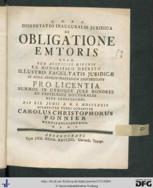 Dissertatio Inauguralis Juridica De Obligatione Emtoris