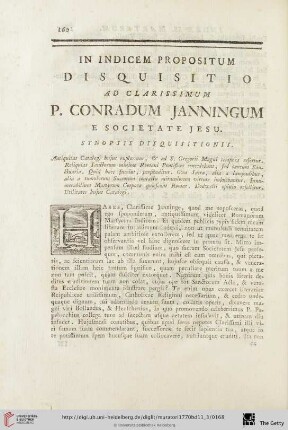 In Indicem Propositum Disquisitio ad Clarissimum P. Conradum Janningum e Societate Jesu.