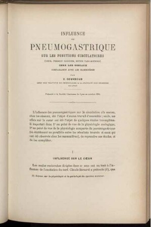 Influence Du Pneumogastrique Sur Les Fonctions Circulatoires Chez Les Oiseaux