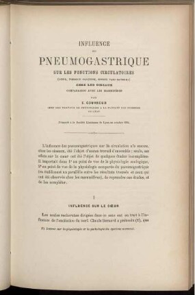 Influence Du Pneumogastrique Sur Les Fonctions Circulatoires Chez Les Oiseaux
