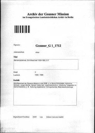 Gemeindedienste. Schriftwechsel 1958-1968, C-F