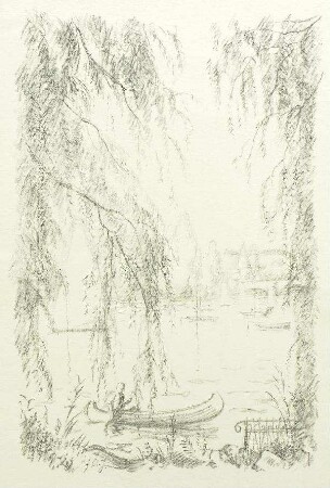 Blick durch Bäume auf See mit Paddler