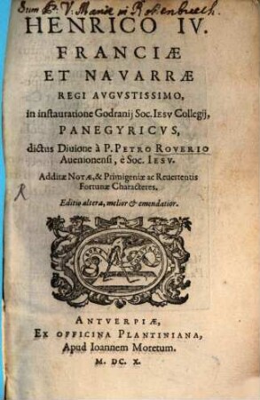Henrico quarto Franciae et Navarrae regi augustissimo, in instauratione Godranii Soc. Jesu collegii Panegyricus