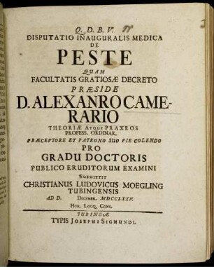 Disputatio Inauguralis Medica De Peste : Ad D. [] Decembr. MDCCXXXV.