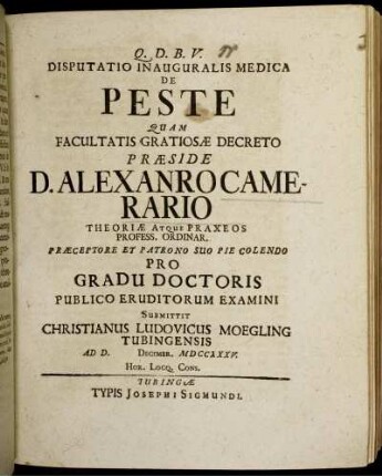 Disputatio Inauguralis Medica De Peste : Ad D. [] Decembr. MDCCXXXV.