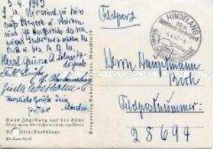 Feldpostkarte einer Frau an ihren in Bordeaux stationierten Ehemann und Hauptmann der Abwehr