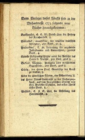 Beim Verleger dieses Werks sind in der Michaelmesse 1773 folgende neue Bücher herausgekommen.