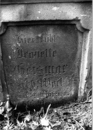 Grabstein 189 (Index: 99792314) Material: Sandstein Zustand: verwittert Maße HxBxT: 77x52x15 cm Beschreibung: Stele, in Voluten auslaufender Rundbogenaufsatz, rechteckiges Schriftfeld eingetieft Symbolik: Voluten, Blüte: Grabstein 189 (Detailaufnahme)