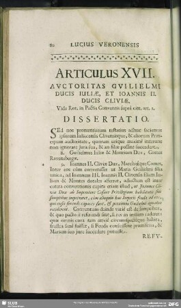 Articulus XVII. Auctoritas Guilielmi Ducis Juliae, Et Joannis II. Ducis Cliviae