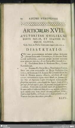 Articulus XVII. Auctoritas Guilielmi Ducis Juliae, Et Joannis II. Ducis Cliviae