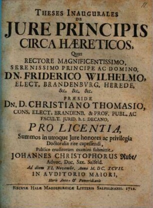 Theses inaugurales de jure [iure] principis circa haereticos