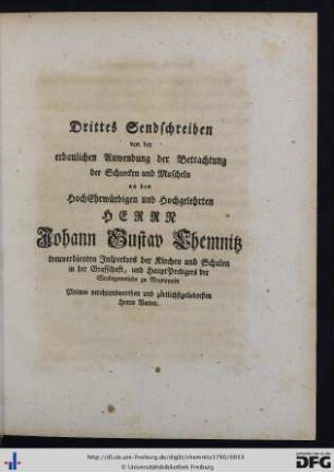 Drittes Sendschreiben von der erbaulichen Anwendung der Betrachtung der Schnecken und Muscheln.
